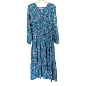 ZESICA Floral Boho Maxi Dress Women's XL Teal Long Sleeve Tiered Elastic Waist